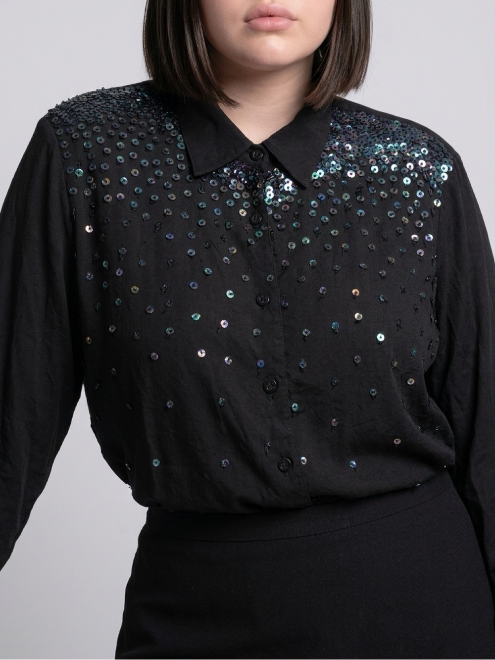 Diane Gilman Black Sequin-Embellished Button-Down Shirt 100% Silk vintage